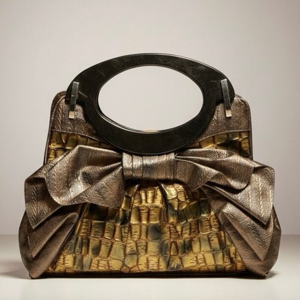 Vintage Metalic crocodile vinyl bronze faux leather bag large bow 80s Disco